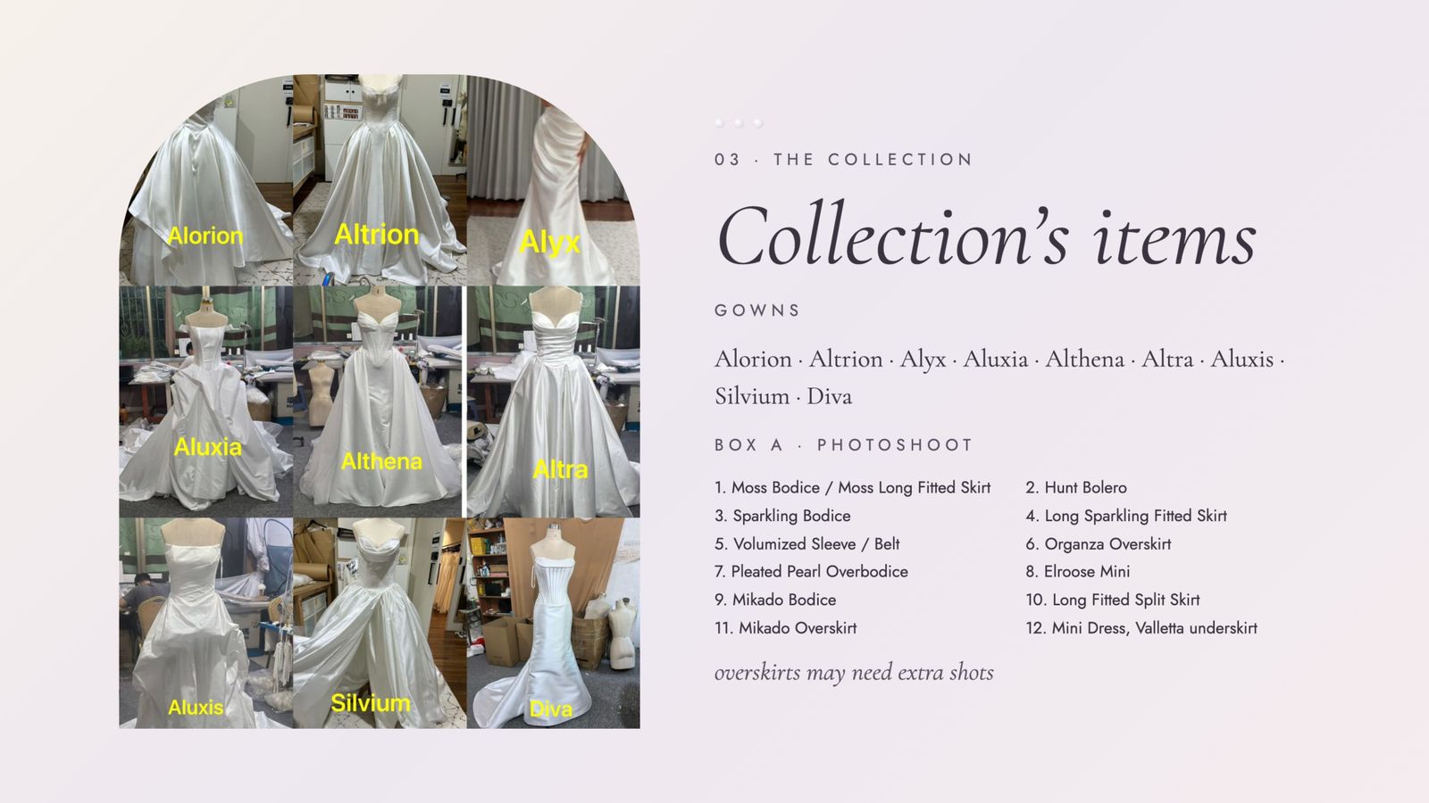 Collection slide listing the Althea Lumina gowns and separates