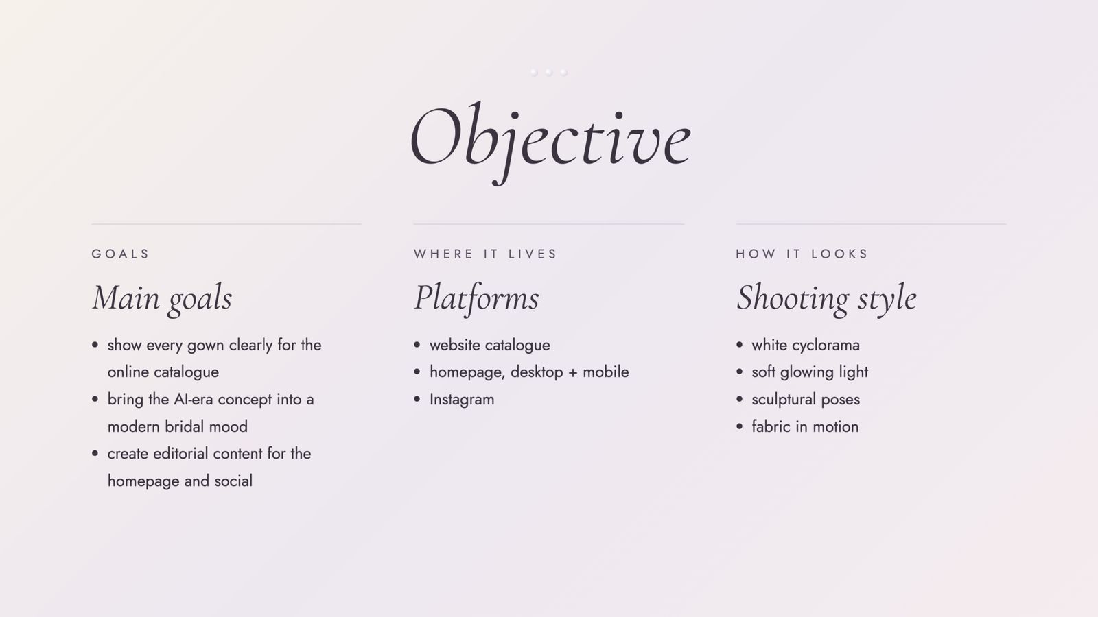 Objective slide: goals, platforms and shooting style