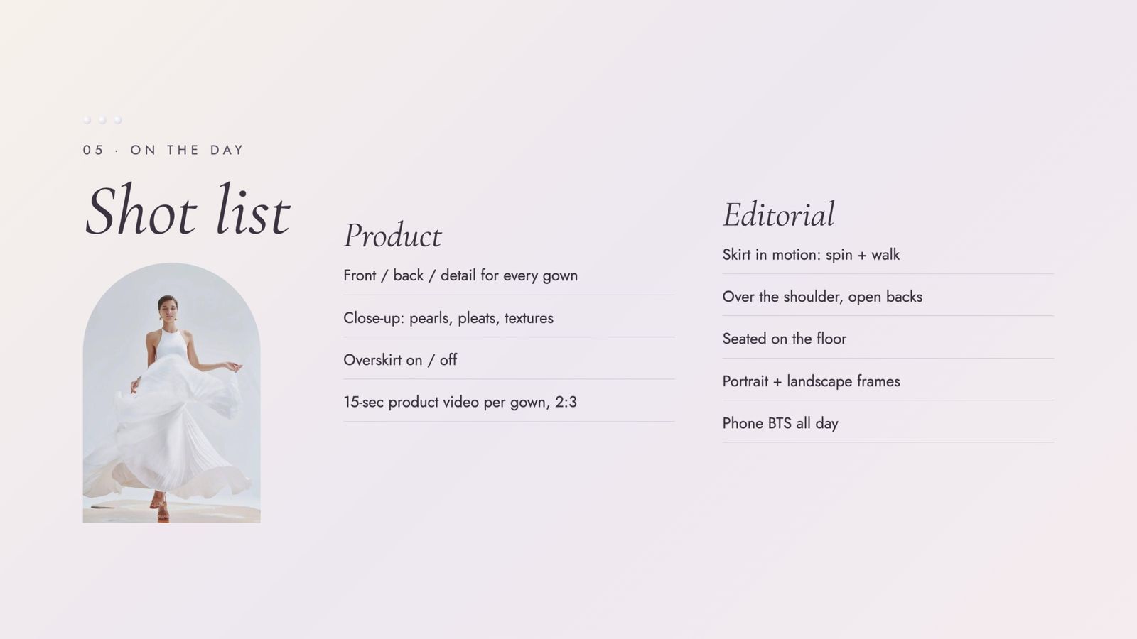 Shot list slide: product and editorial shots