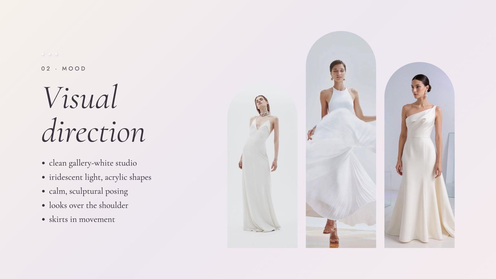 Visual direction slide: gallery-white studio, soft glowing light, sculptural posing
