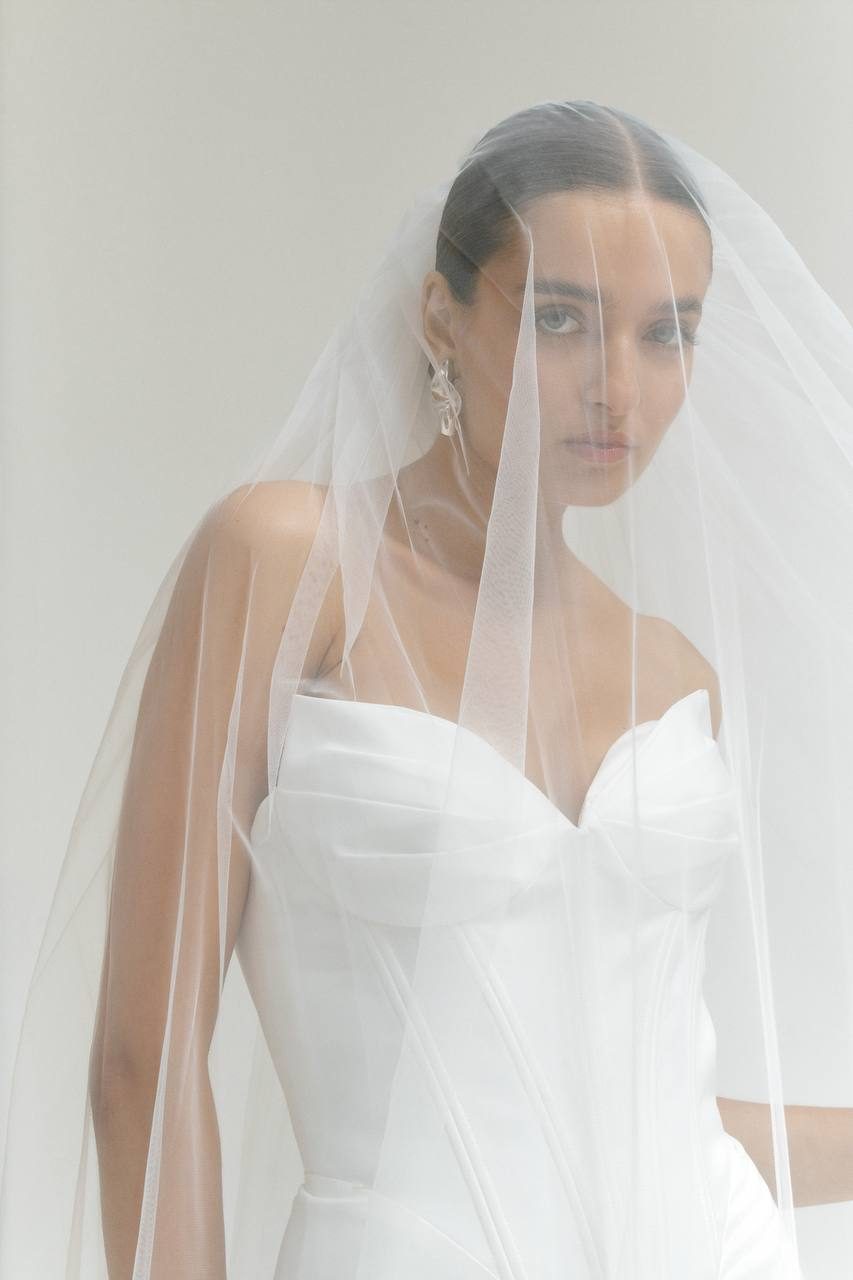 Model in an Oui The Label Althea Lumina corset gown under a cathedral veil, New York studio