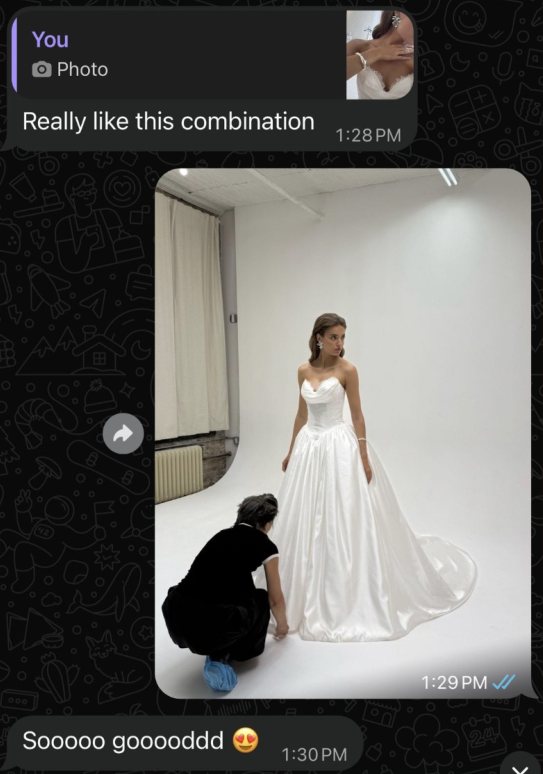 Client message approving a bridal look sent from the set