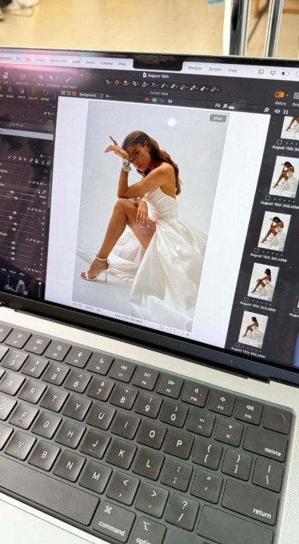 Tethered capture of a bridal look on a laptop during the shoot