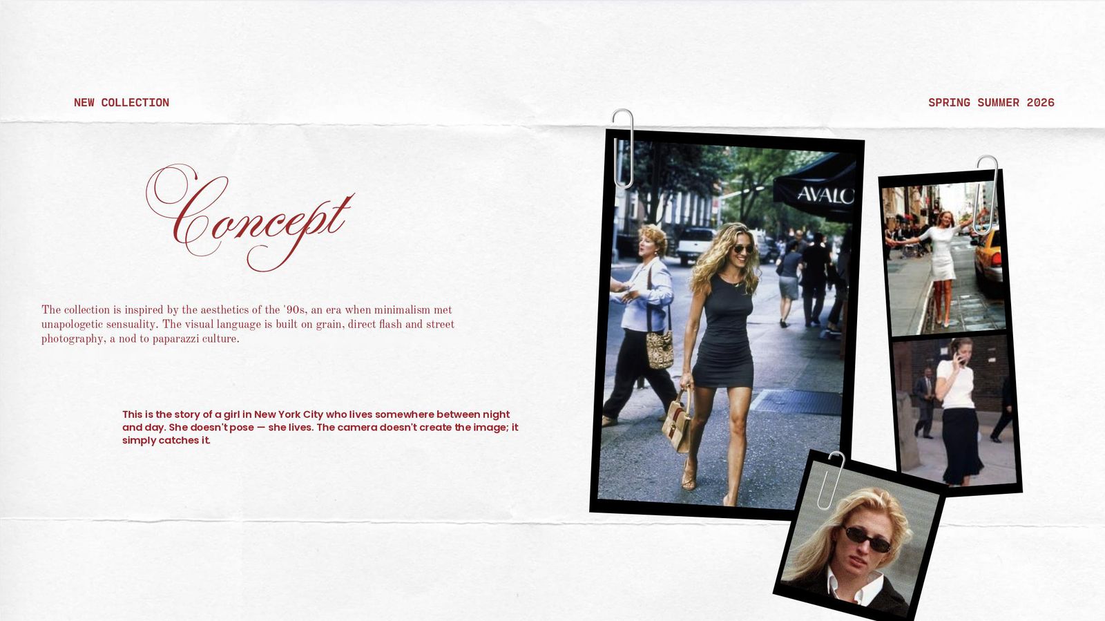 Creative deck concept slide: a ’90s New York girl between night and day, told through grain and direct flash
