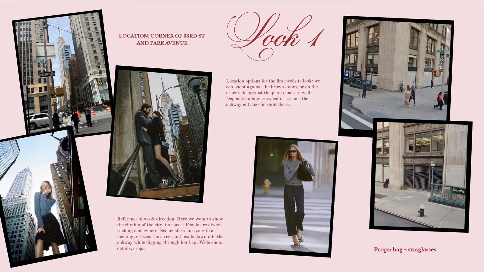 Creative deck slide for look 1: moodboard and location at Park Avenue and 33rd Street