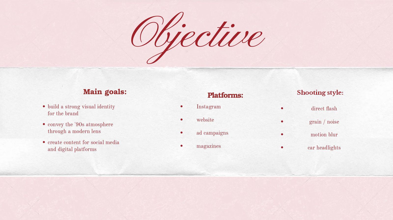 Creative deck objective slide: main goals, platforms and shooting style for the Anka Studios campaign