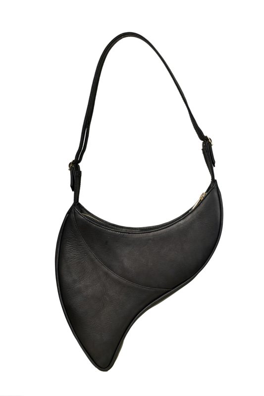 Made in Neptune black leather crescent shoulder bag with an asymmetric curved line