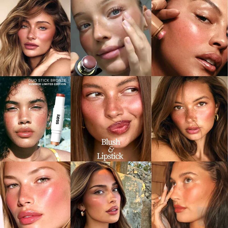 Moodboard of glowy blush and glossy lips