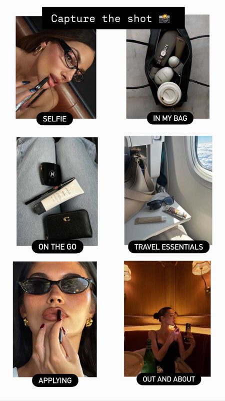 Shot list board: selfie, in my bag, on the go, travel essentials, applying, out and about
