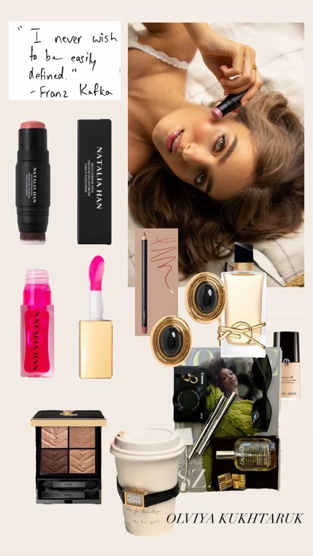 Still life moodboard with the blush stick, lip oil and fashion accessories