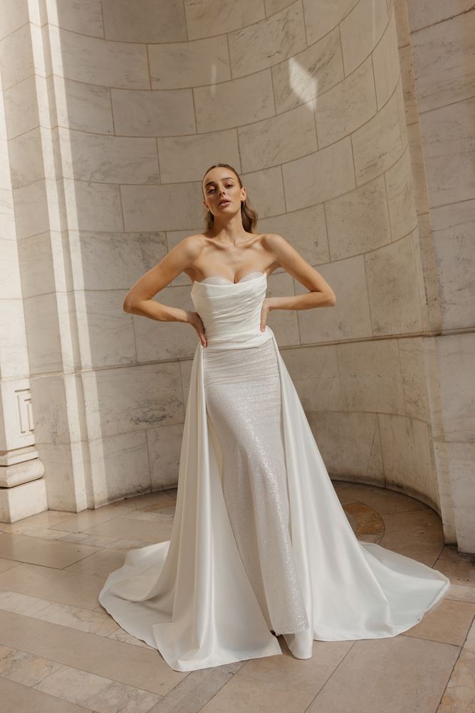 Bridal gown in the marble hall of a Manhattan landmark library